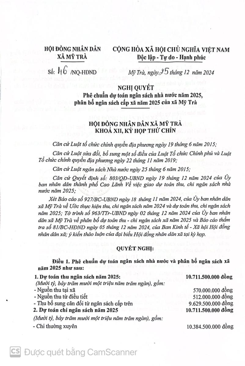 NGHỊ QUYẾT Phê chuẩn dự toán ngân sách nhà nước năm 2025, phân bổ ngân sách cấp xã năm 2025 của xã Mỹ Trà